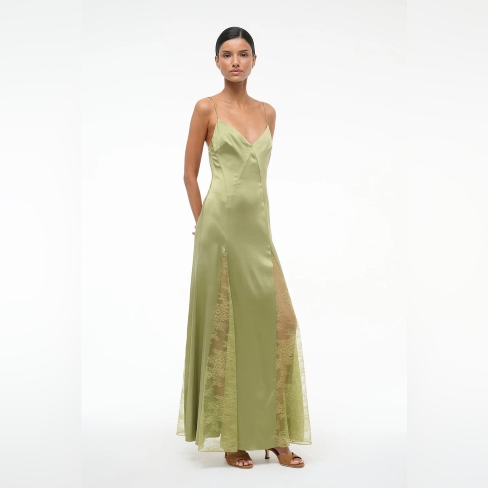 STAUD Olive Green Satin Slip Gown with Lace Panels - Picture 2 of 3